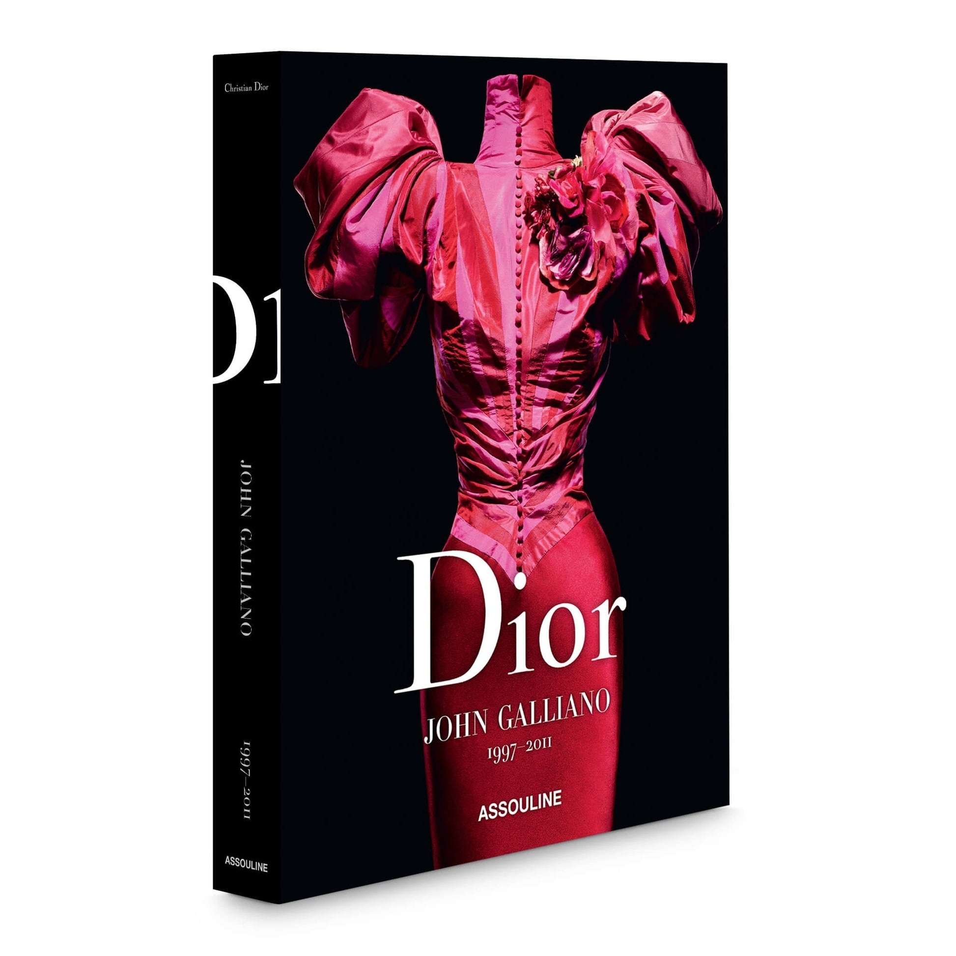 Cover of the Assouline book "Dior V by Galliano" featuring a pink haute couture dress with ruffles displayed on a black background.