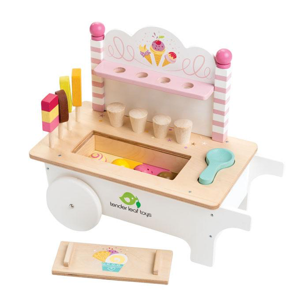 An adorable Tenderleaf Ice Cream Cart filled with a variety of delicious ice cream flavors and colorful toppings. The perfect addition to any playtime adventure!