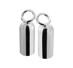 The Christofle Vertigo Salt and Pepper Shaker Set, with its mirrored metal bells and round handles, exudes Andrée Putman's modern elegance against a black background.