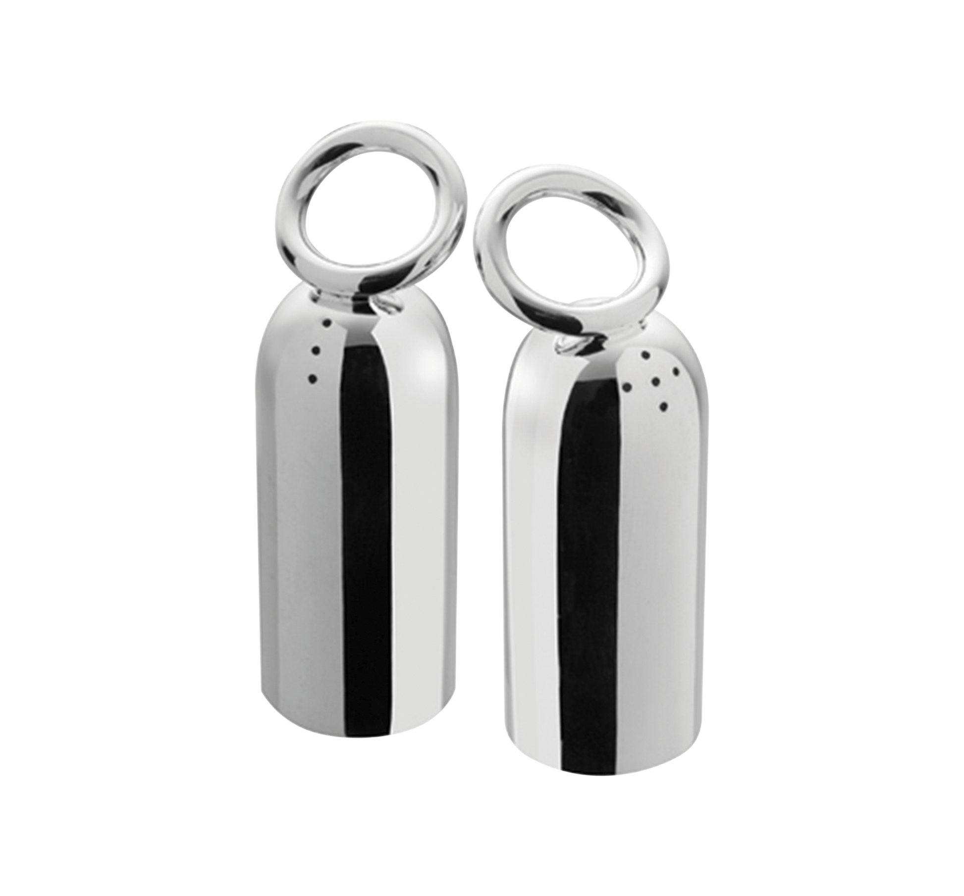 The Christofle Vertigo Salt and Pepper Shaker Set, with its mirrored metal bells and round handles, exudes Andrée Putman's modern elegance against a black background.