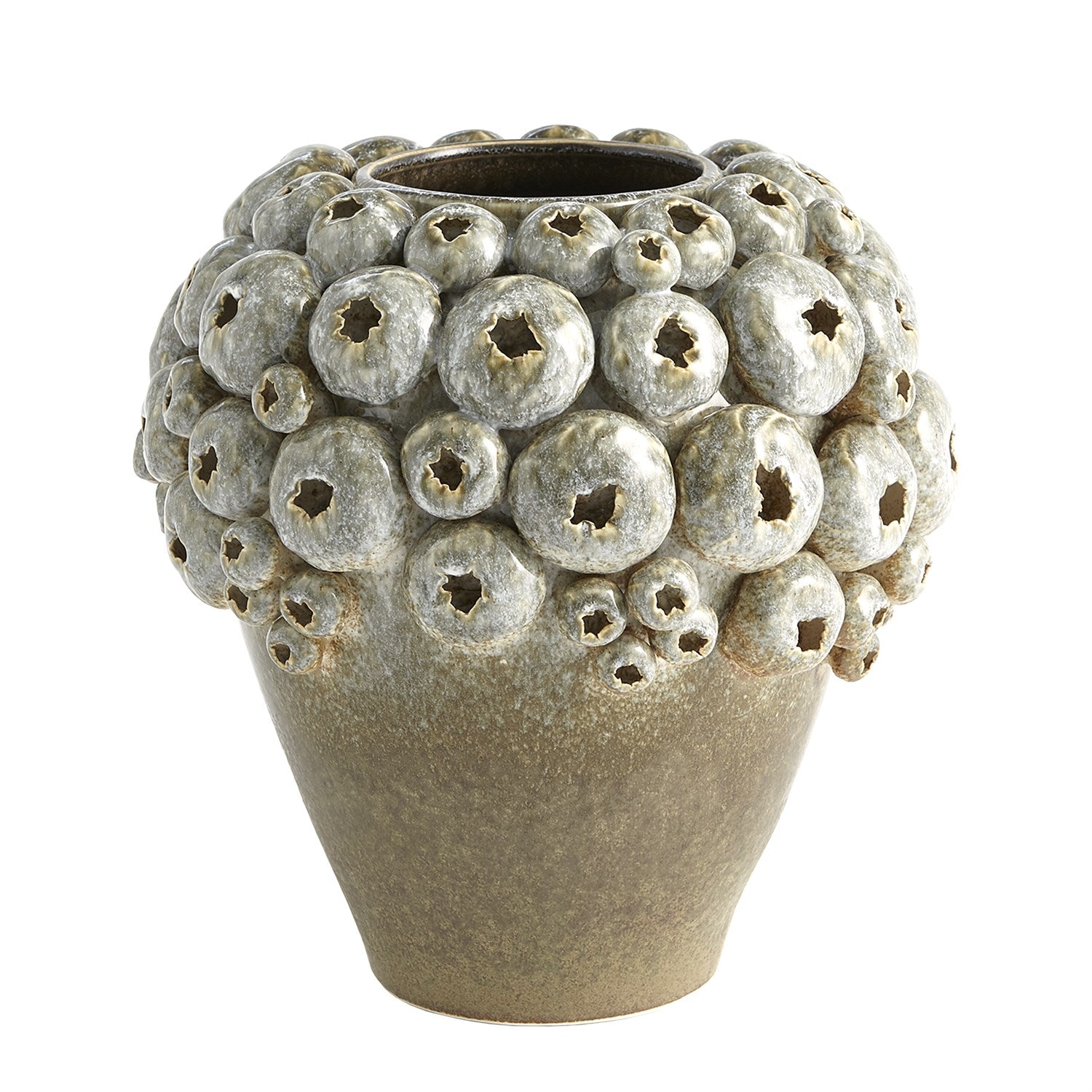 The Global Views Round Sea Sage Coral Large Vase is a watertight ceramic piece with a wide opening and rounded, hollow protrusions on the upper half—perfectly sized for tabletop displays.