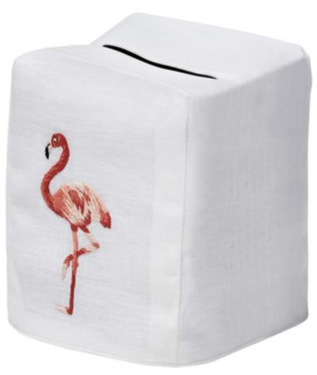 White boutique size Flamingo Tissue Box Cover holder with a hand-embroidered flamingo design by Haute Home.