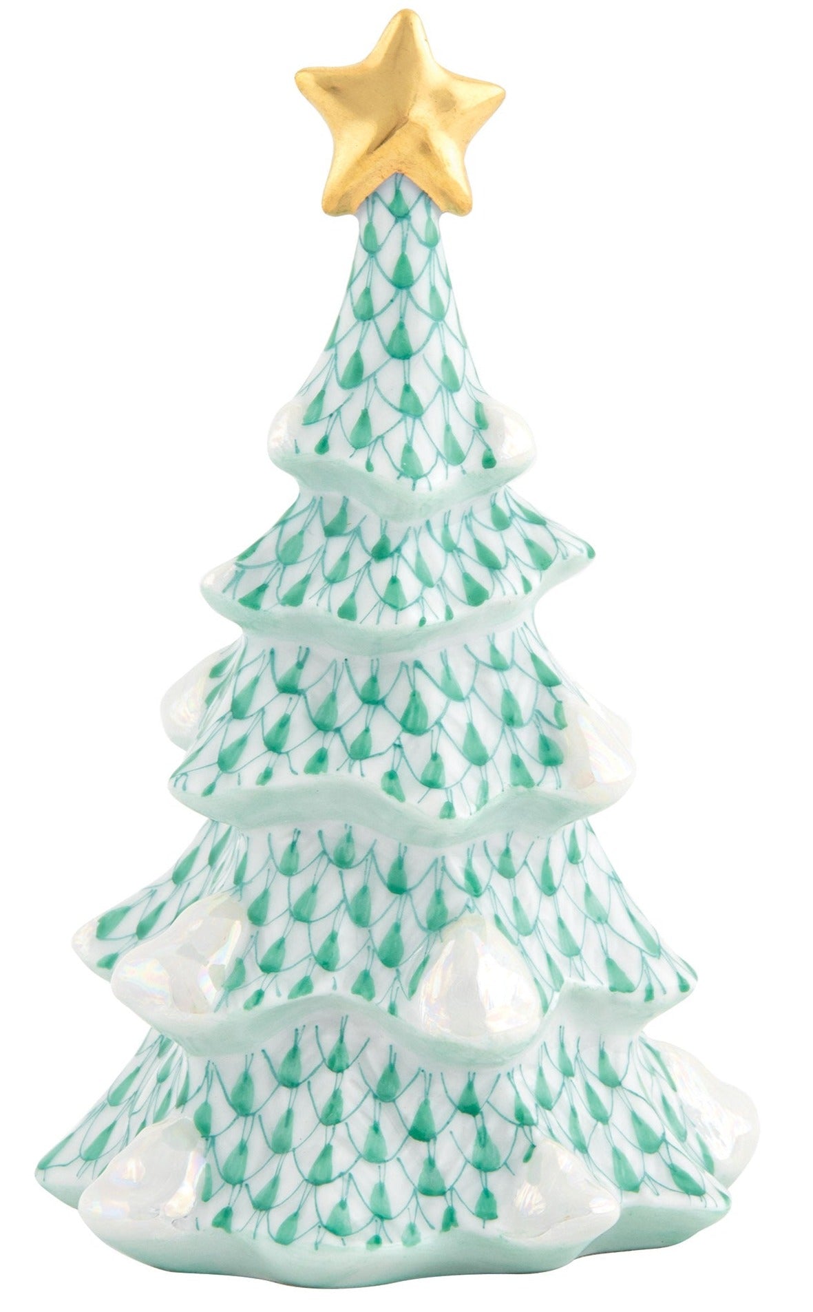Herend Simple Christmas Tree, Green: Porcelain figurine with gold star topper, green fishnet pattern, and white snow-like accents. See product measurements for exact size and dimensions.