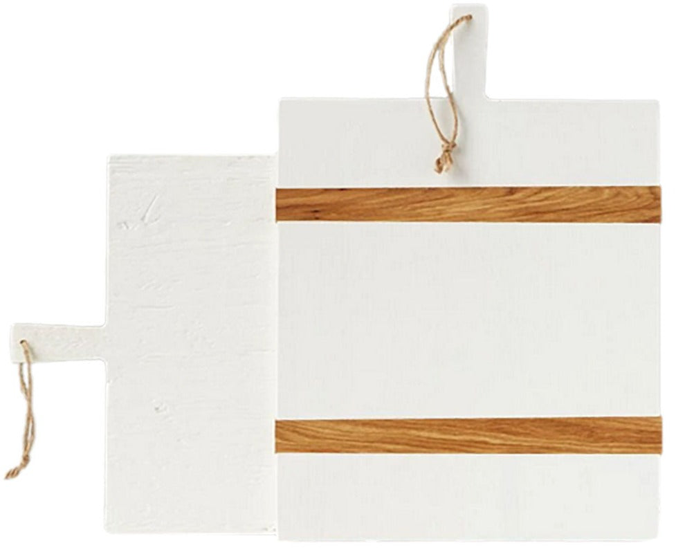 The etúHOME White Rectangle Mod Medium Charcuterie Board features a white finish with two wood-grain stripes and handles—ideal for use as a stylish charcuterie plate or serving board.
