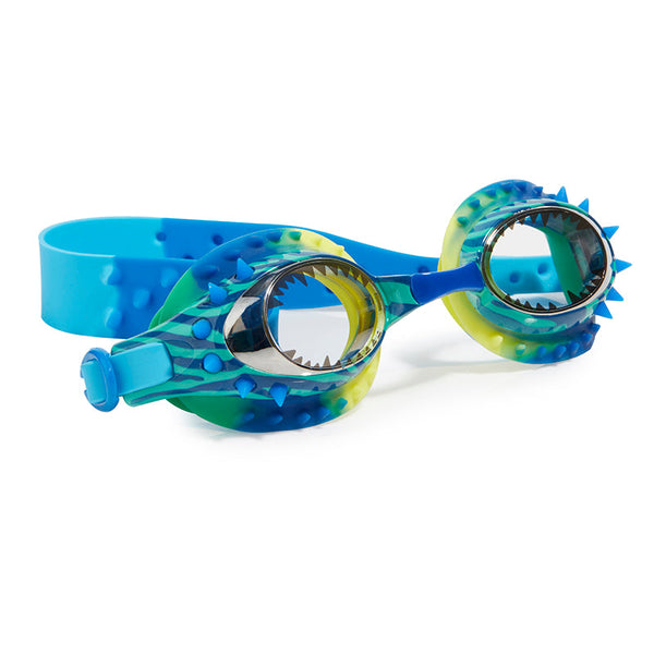 A pair of Bling2O Prehistoric Times children's swim goggles with a sea creature design on a white background, featuring anti-fog technology.