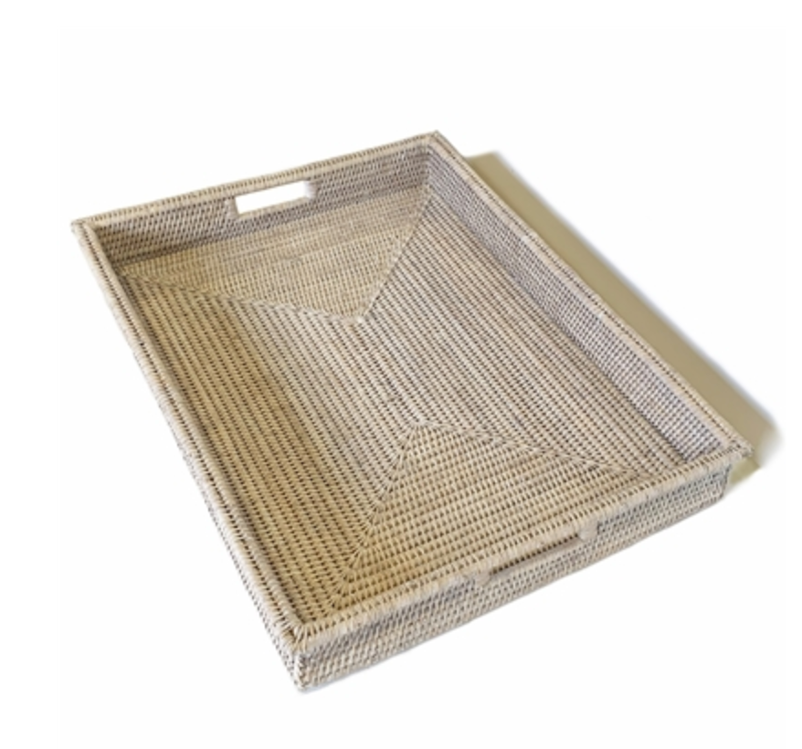 Matahari Rectangular Tray in White Wash finish, 26 x 19 x 3 cm, with side handles, shown on a white background.