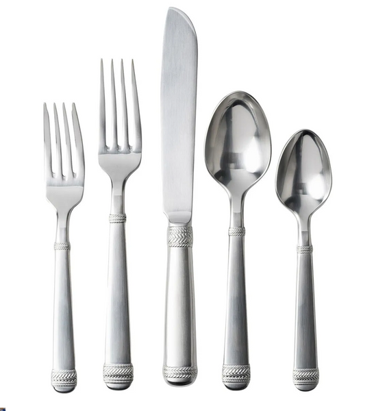 A set of Juliska Le Panier Bright Satin 5 Piece Flatware Set, including two forks, a knife, and two spoons, arranged horizontally on a white background.