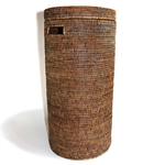 tall round hamper with cut out handle, antique brown