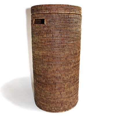tall round hamper with cut out handle, antique brown