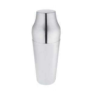 The Ercuis Terrasse Tuileries Cocktail Shaker, featuring a sleek polished stainless steel finish, stands upright against a white background—an elegant addition to any modern home bar.