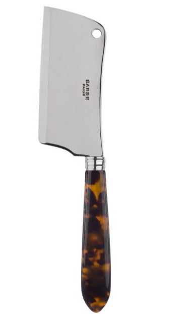 The Sabre Tortoise Cheese Cleaver features a stainless steel blade and a marbled brown and black handle, making it perfect for slicing hard cheeses.