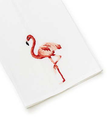 Flamingo Tip Towel, 13"x18", with a hand embroidered pink flamingo by Haute Home.
