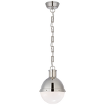 A Hicks Small Pendant in Polished Nickel with White Glass by Visual Comfort, featuring a spherical frosted glass lampshade and suspended by a chain of rectangular crystal links, is equipped with an E26 keyless socket.