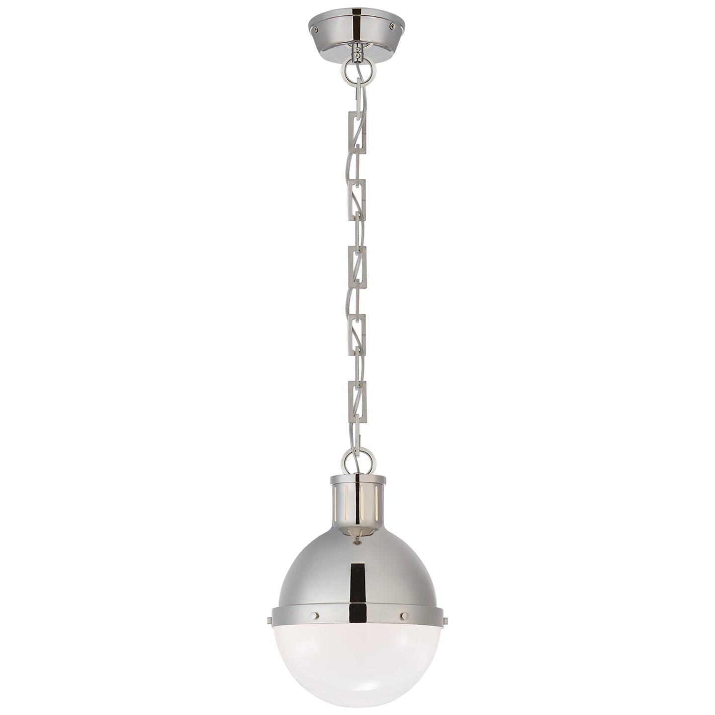 A Hicks Small Pendant in Polished Nickel with White Glass by Visual Comfort, featuring a spherical frosted glass lampshade and suspended by a chain of rectangular crystal links, is equipped with an E26 keyless socket.