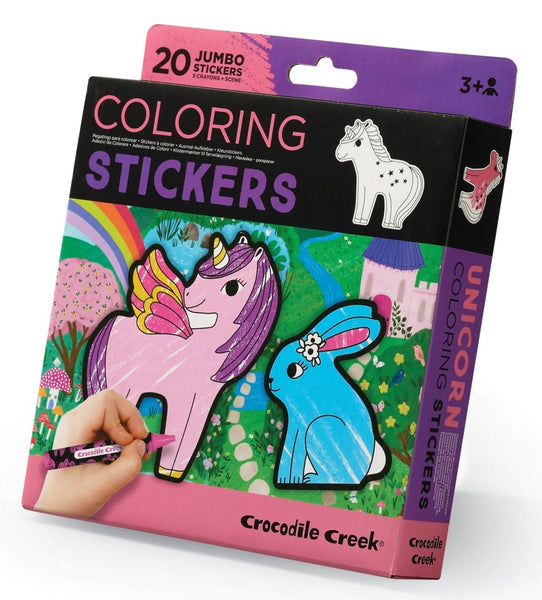 A Crocodile Creek hand coloring stickers from a "Crocodile Creek Coloring Stickers" booklet with unicorn themes for children aged 3 and up.