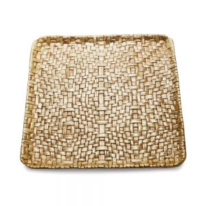The Palm Square Plate by Michael Aram features a natural light brown hue and textured, interlaced palm leaves. Shown on a white background, it is part of the Palm Collection.