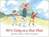 Cover of the children's lap board book "We're Going on a Bear Hunt" by Michael Rosen, featuring an illustration by Helen Oxenbury of four children and an adult joyfully running through a Common Ground board book.