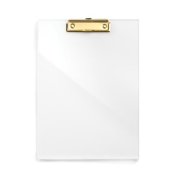 An Acrylic Clip Board with gold-tone hardware on a white background by Russell & Hazel.