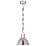 A contemporary chrome pendant light with a dome-shaped shade and a clear glass chain link suspension system featuring an E26 socket, displayed on a gray background. 
becomes:
A Visual Comfort Hicks Small Pendant in Polished Nickel with Acrylic Diffuser, featuring a dome-shaped shade and clear glass chain link suspension system with an E26 socket, displayed on a gray background.