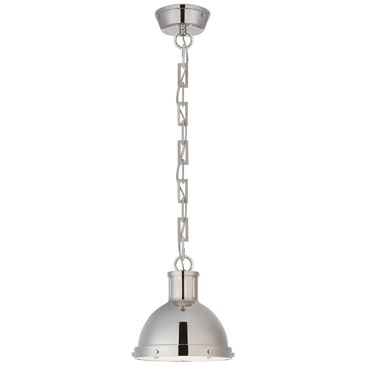 A contemporary chrome pendant light with a dome-shaped shade and a clear glass chain link suspension system featuring an E26 socket, displayed on a gray background. 
becomes:
A Visual Comfort Hicks Small Pendant in Polished Nickel with Acrylic Diffuser, featuring a dome-shaped shade and clear glass chain link suspension system with an E26 socket, displayed on a gray background.
