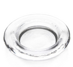 The Simon Pearce Hanover Glass Wine Coaster features a round, wide-rimmed design in crystal-clear glass, offering elegant table protection. Displayed on a white background.