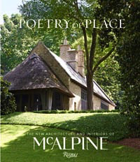 A Rizzoli book cover titled "Poetry of Place" featuring a vernacular architecture of a thatched-roof cottage surrounded by greenery.