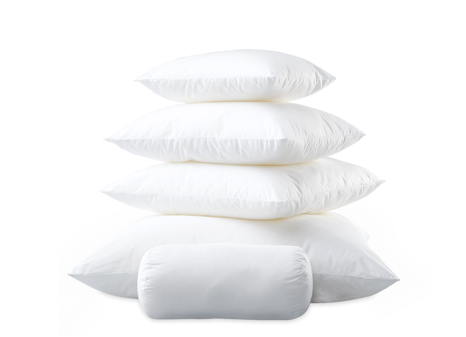 A stack of five Matouk Libero Hypoallergenic Euro Inserts is arranged in a pyramid shape on a white background.