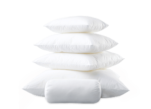A stack of five Matouk Libero Hypoallergenic Euro Inserts is arranged in a pyramid shape on a white background.