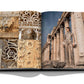 An open book shows ancient architectural details on the left and a person in a stone-like outfit, evocative of Zuhair Murad by Assouline's couture collections, standing among ancient columns on the right.