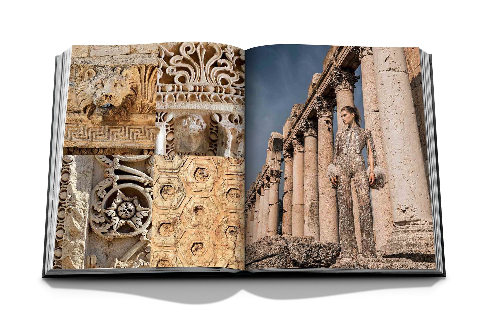 An open book shows ancient architectural details on the left and a person in a stone-like outfit, evocative of Zuhair Murad by Assouline's couture collections, standing among ancient columns on the right.