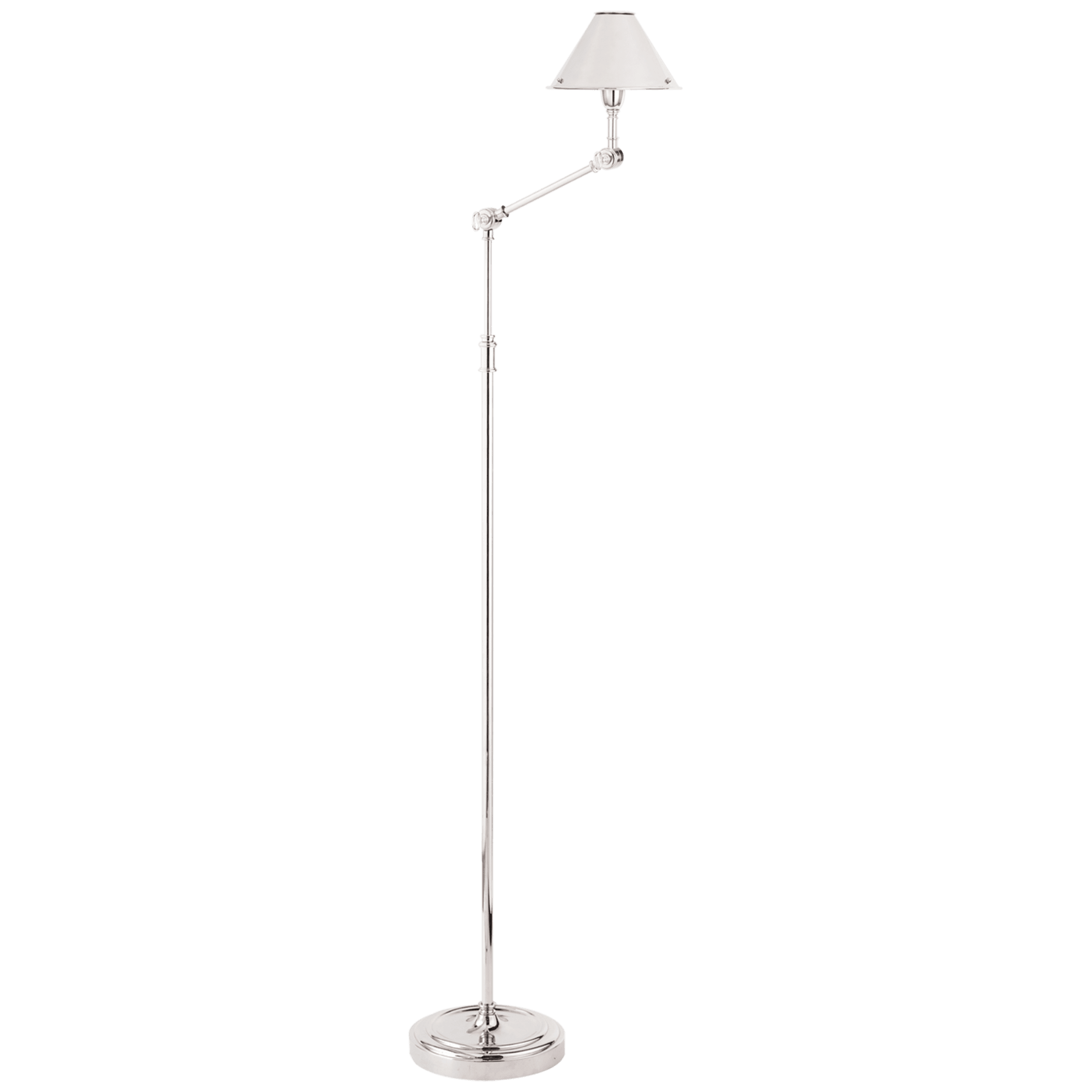 An Anette Floor Lamp by Visual Comfort with a polished nickel finish and a white lampshade, set against a solid green background.