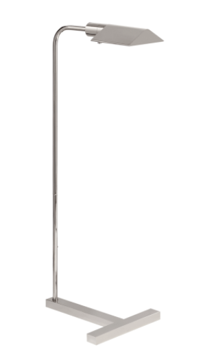 The William Pharmacy Floor Lamp by Visual Comfort features a polished nickel finish, slim metal frame, angular rectangular shade, and an adjustable dimmer for customizable lighting ambiance.