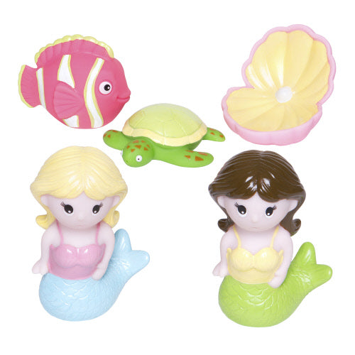 Elegant Baby Mermaid Party Bath Toys including two mermaids, a turtle, a fish, and a shell that float and squirt water on a white background.
