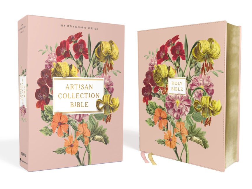 A pink NIV Artisan Collection Bible Leathersoft, Pink Floral by Thomas Nelson with a floral cover design.