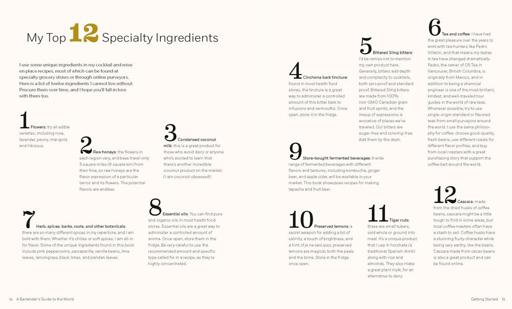 A two-page spread from "A Bartender's Guide to the World" featuring a list titled "my top 12 specialty ingredients for an international cocktail adventure" with numbered entries and descriptions of each ingredient, curated by Lauren Mote, published by Common Ground.