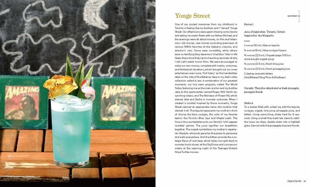 Two colorful candies on a wooden surface with lightly blurred chalkboard background featuring cocktail recipes from Common Ground's A Bartender's Guide to the World.