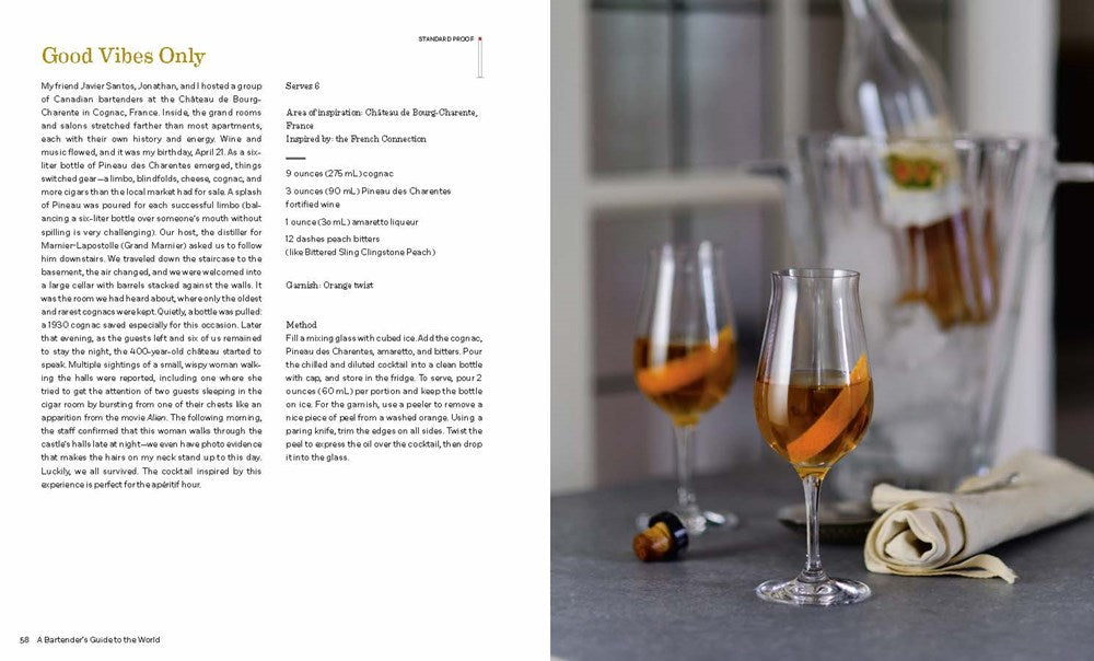 A magazine spread featuring an article titled "good vibes only," with text on the left and an image of a champagne glass and spilled nuts on a table on the right, including exclusive cocktail recipes by Lauren from Common Ground's A Bartender's Guide to the World.