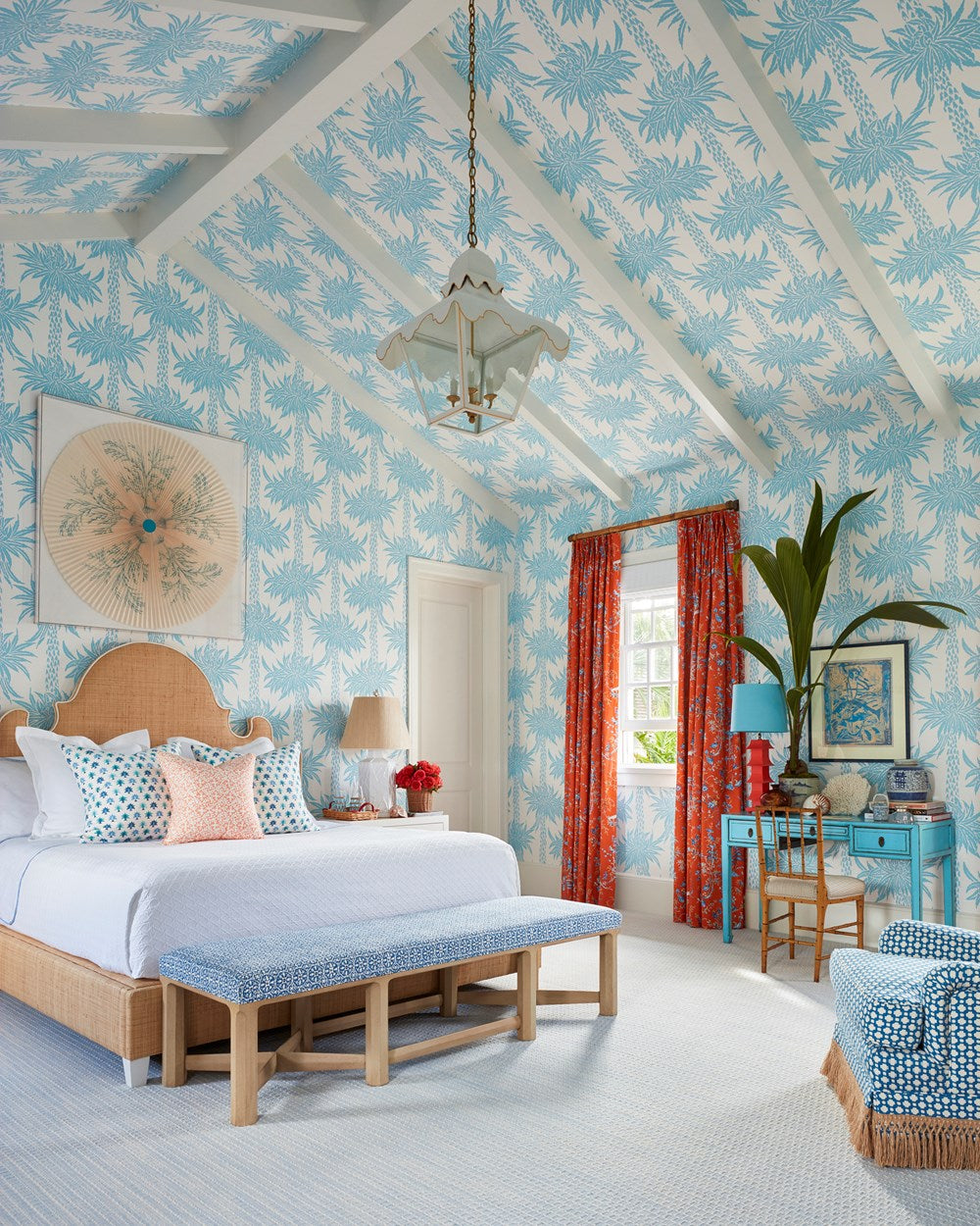 Bright and airy bedroom with Beachside: Windsor Architecture and Design's blue floral wallpaper, matching textiles, and seaside living-inspired decor from Common Ground.