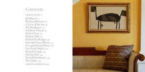 On the left is a table of contents, and on the right a cozy living room inspired by decorating tips from Bunny Williams’ "Love Affairs with Houses" by Abrams—featuring plaid pillows and framed art above a couch against a yellow wall.