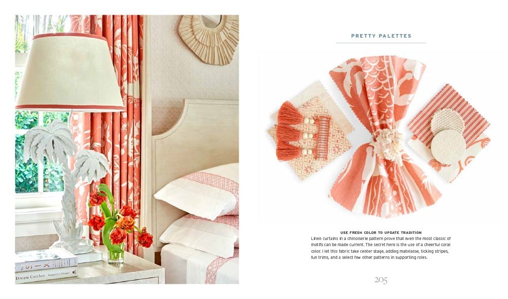 A bedroom features coral-themed decor with curtains and pillows on the left. On the right, The Principles of Pretty Rooms by Abrams presents fabric swatches in coral and beige, showcasing timeless interiors for elegant spaces.
