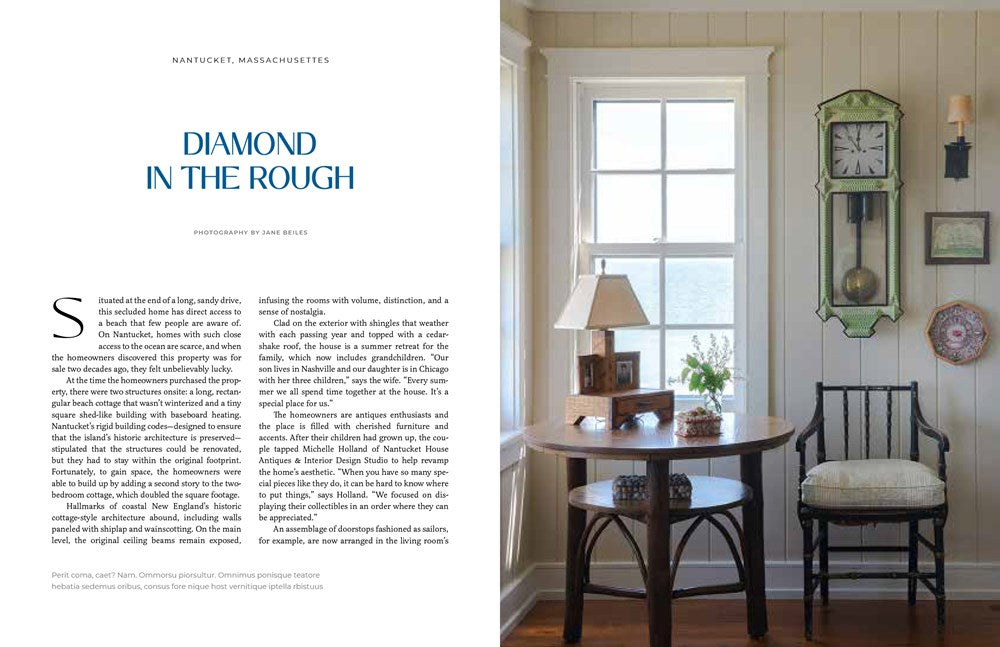 Interior design showcase featuring an At Home on the Water retreat room with a Common Ground grandfather clock, elegant lamp, and soft color palette.