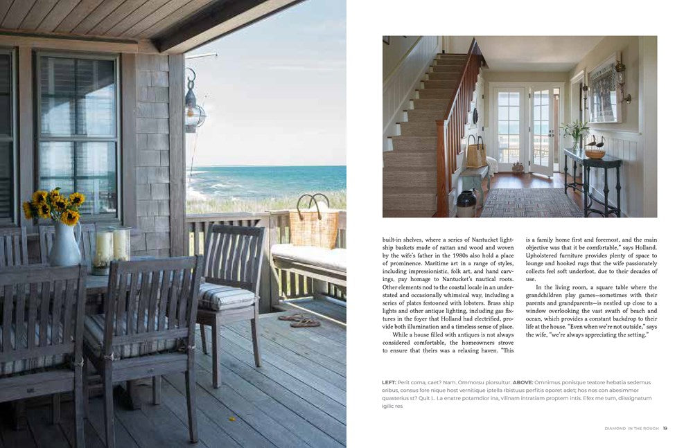 Coastal retreat interior and exterior view showcasing a breezy porch with ocean background in the At Home on the Water by Common Ground, and a bright, modern kitchen.