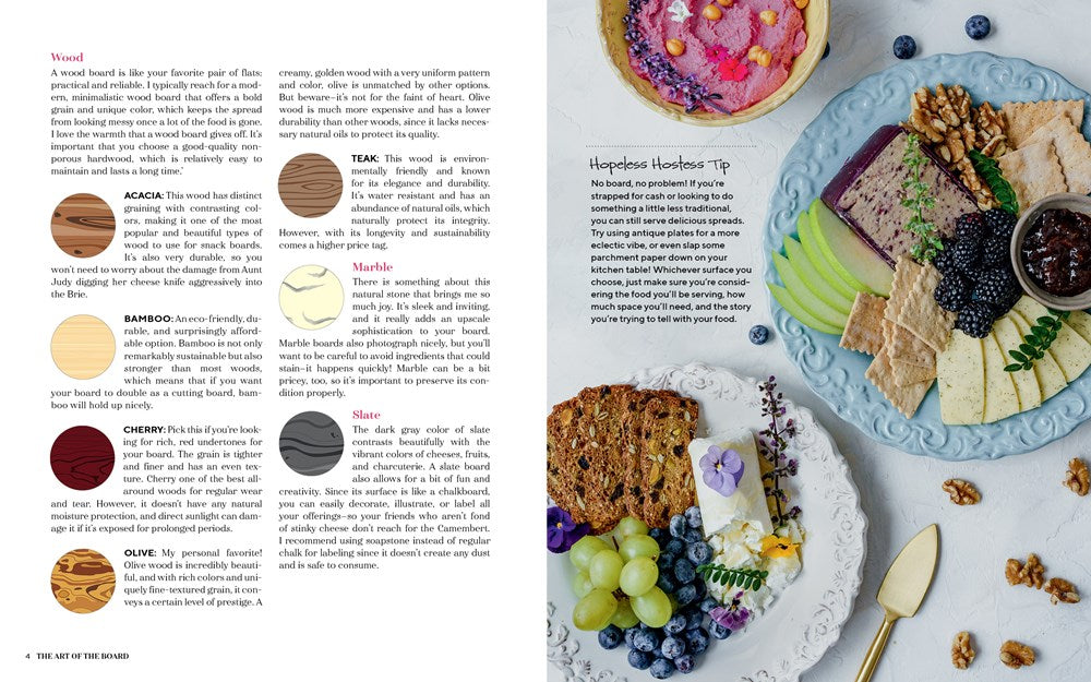 An open magazine spread featuring text about different types of wood and materials for boards on the left and an image on the right showcasing **The Art of the Board by Common Ground** with various cheeses, fruits, and crackers meticulously arranged on a charcuterie board.