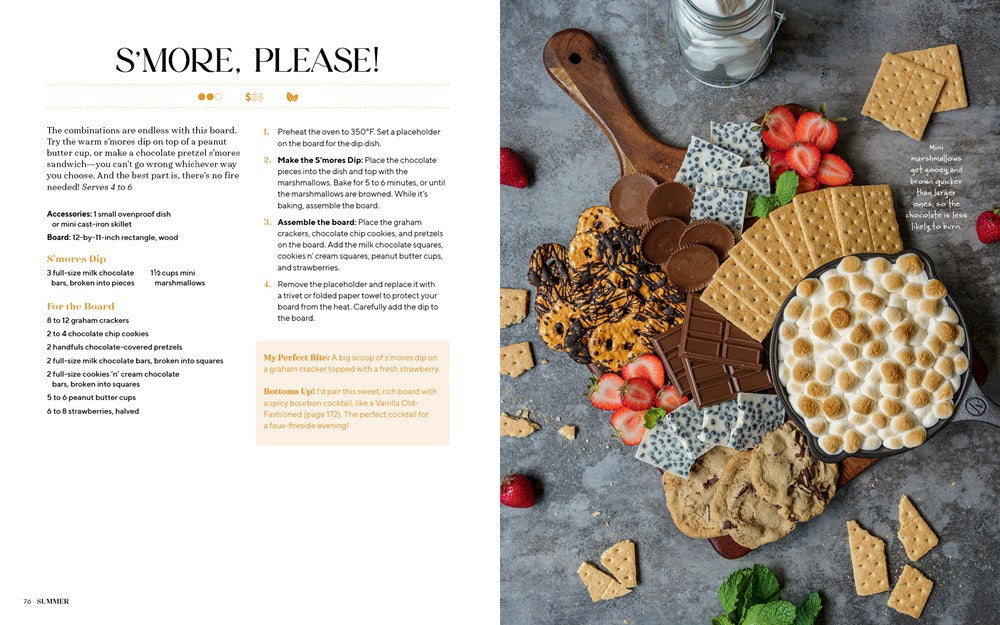 Discover The Art of the Board with a detailed guide to assembling a s'mores snack board on the left page and an image of the completed s'mores board featuring an array of delicious ingredients such as graham crackers, marshmallows, and chocolate on the right, brought to you by Common Ground.