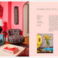 A vibrant living room with a teal sofa, patterned chairs, and pink walls exemplifies bold style, featured next to a page from Living with Color by Penguin Random House.