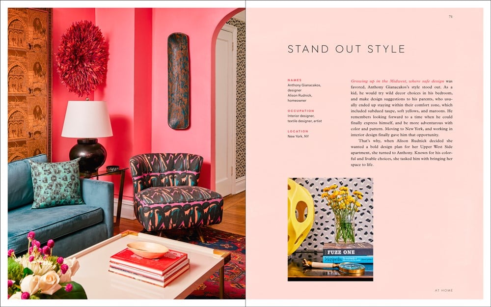 A vibrant living room with a teal sofa, patterned chairs, and pink walls exemplifies bold style, featured next to a page from Living with Color by Penguin Random House.