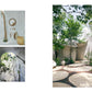 A blend of a minimalistic bathroom adorned with natural decor, capturing the essence of Common Ground's Kinfolk Garden style, alongside a lush garden with elegantly curving round stone pathways beneath trees.