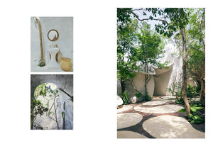 A blend of a minimalistic bathroom adorned with natural decor, capturing the essence of Common Ground's Kinfolk Garden style, alongside a lush garden with elegantly curving round stone pathways beneath trees.