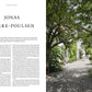 Magazine spread featuring an article titled "Jonas Bjerre-Poulsen," with text on the left and a photo on the right showcasing a tranquil garden path leading to a house, reminiscent of the serene aesthetics found in Common Ground's Kinfolk Garden.