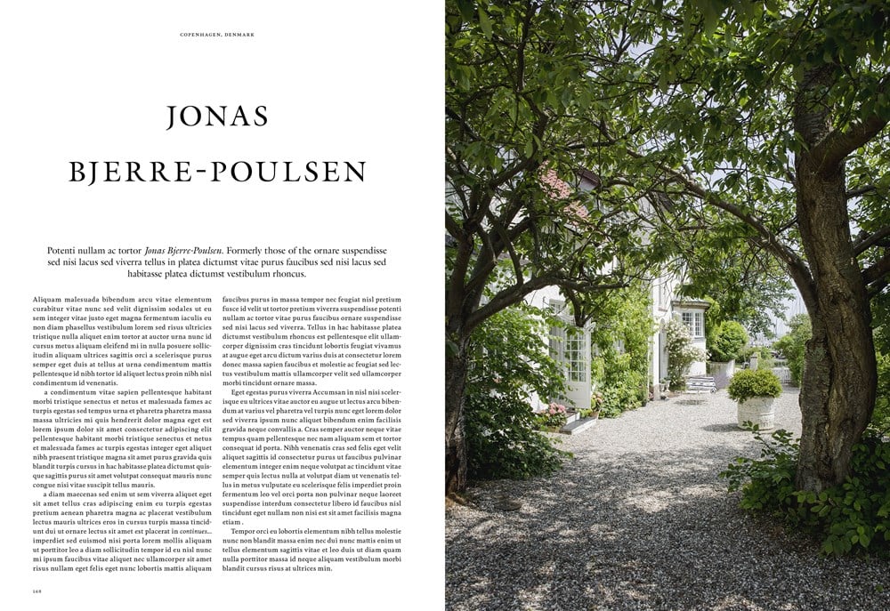 Magazine spread featuring an article titled "Jonas Bjerre-Poulsen," with text on the left and a photo on the right showcasing a tranquil garden path leading to a house, reminiscent of the serene aesthetics found in Common Ground's Kinfolk Garden.